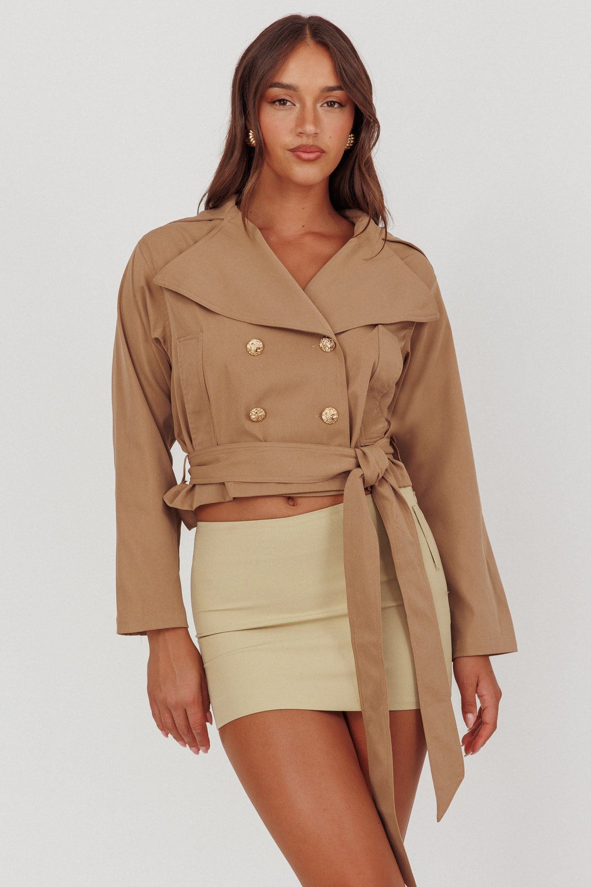 Envision Crop Waist Tie Jacket Tan