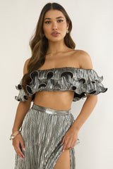 Amaria Off-Shoulder Lettuce Edge Crop Top Silver