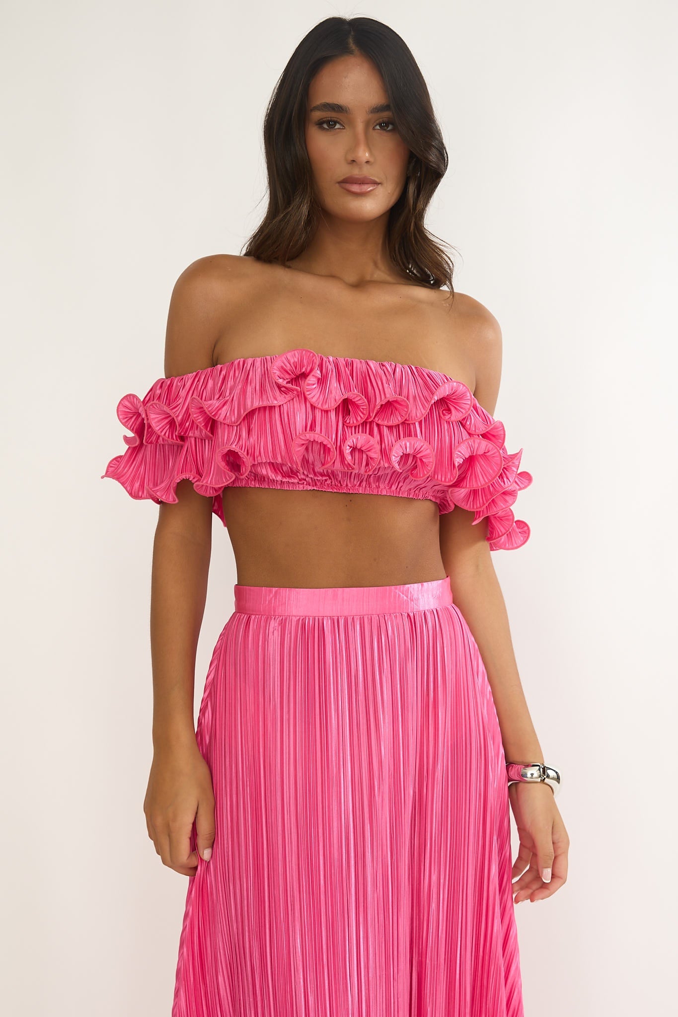 Amaria Off-Shoulder Lettuce Edge Crop Top Hot Pink