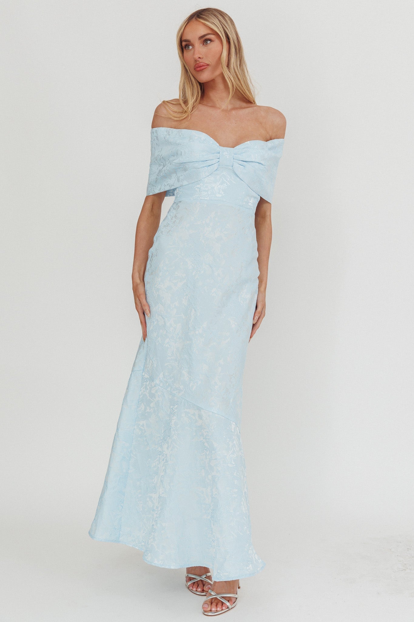 Fairytales Off-Shoulder Jacquard Maxi Dress Blue