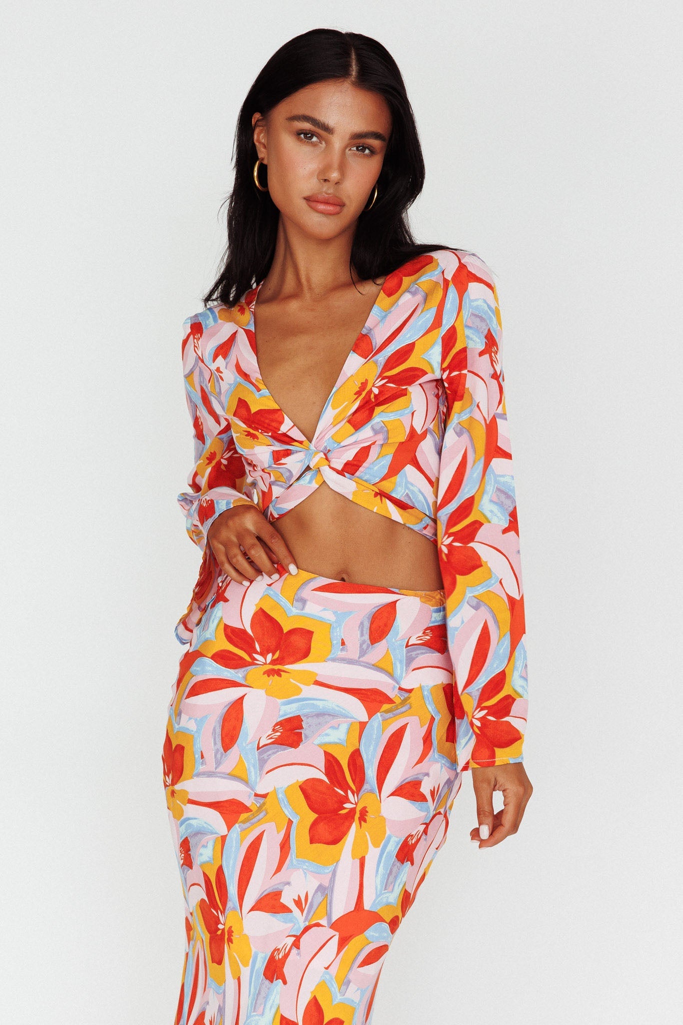 Avalo Bell Sleeve Crop Top Floral Pink