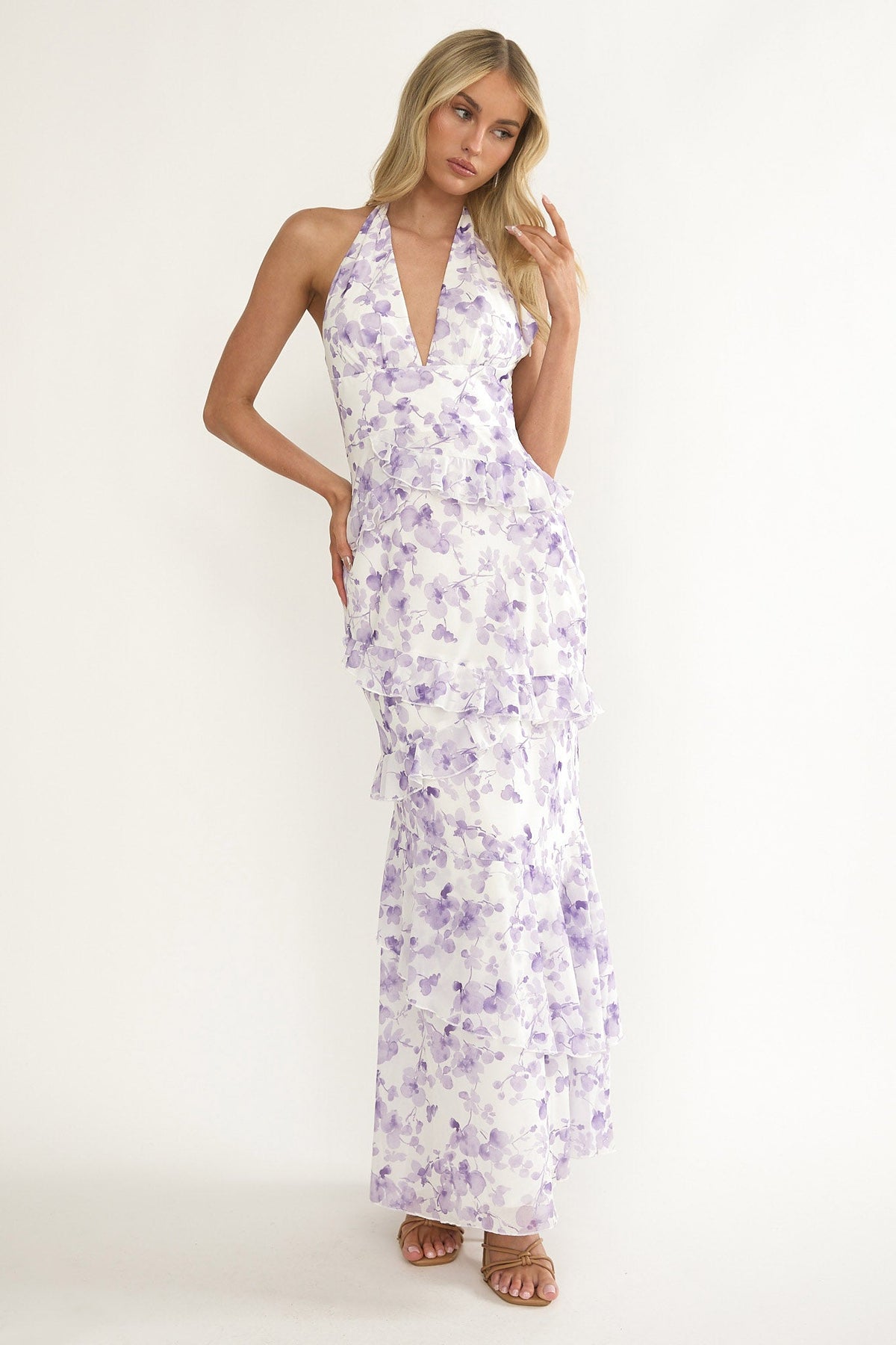 Cipriana Frill Trim Halter Maxi Dress Floral Purple