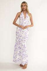Cipriana Frill Trim Halter Maxi Dress Floral Purple