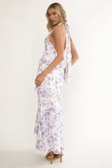 Cipriana Frill Trim Halter Maxi Dress Floral Purple