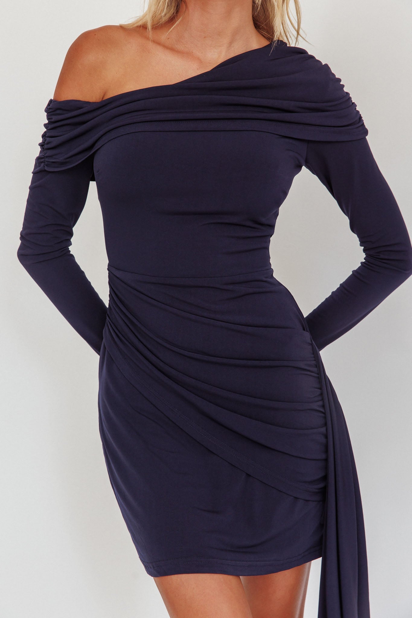 Afroditi Side Sash Draped Mini Dress Navy