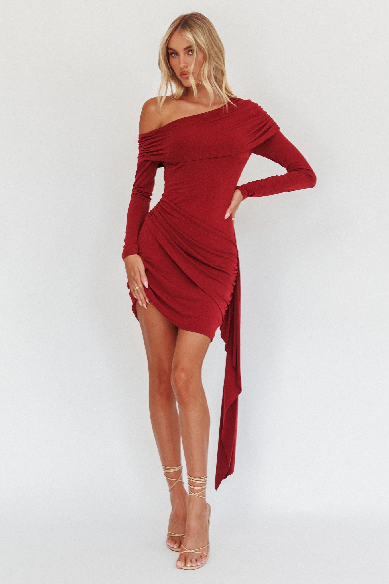 Afroditi Side Sash Draped Mini Dress Wine