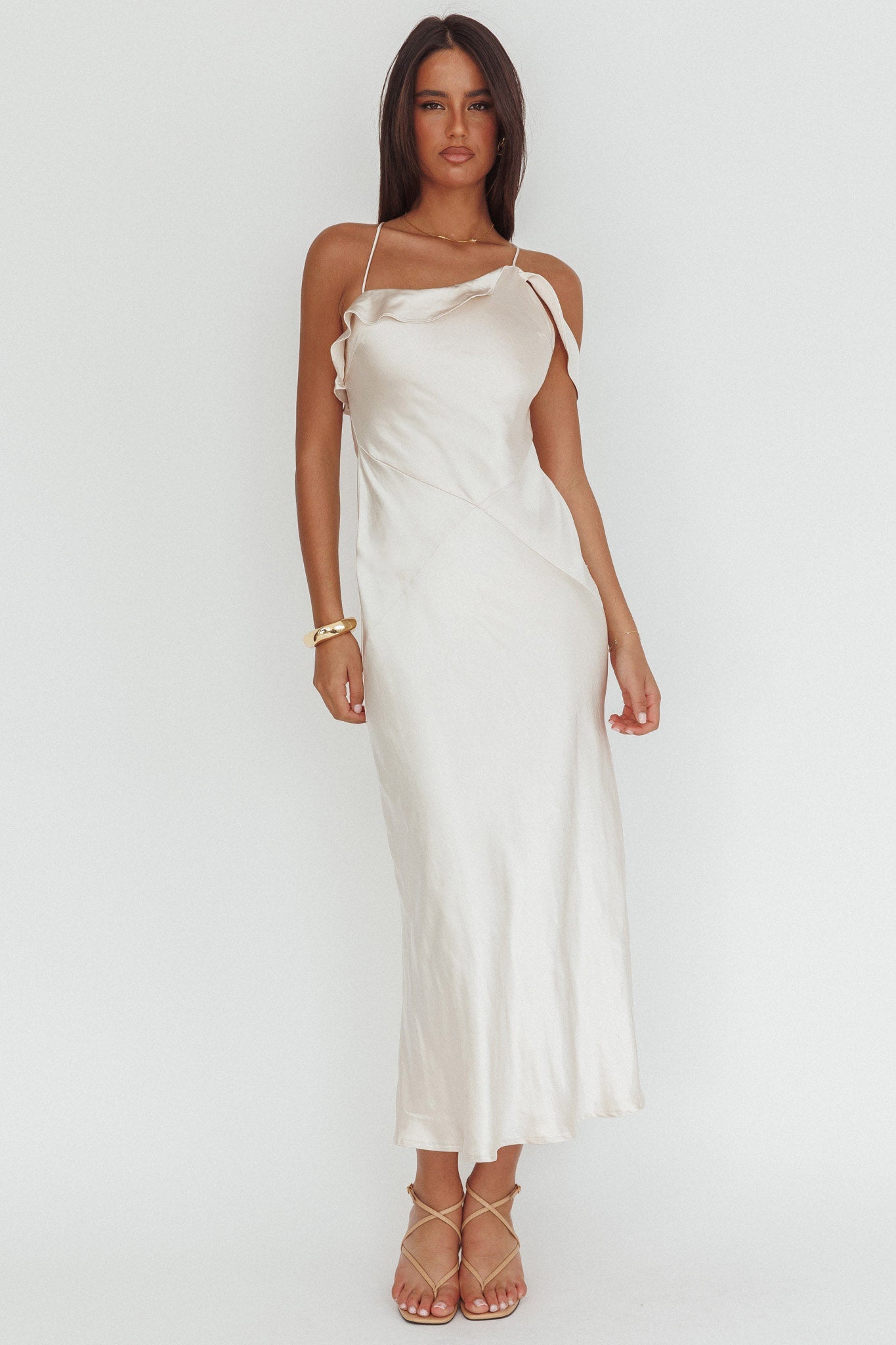Lexington Draped Shoulder Criss-Cross Back Maxi Dress Oyster