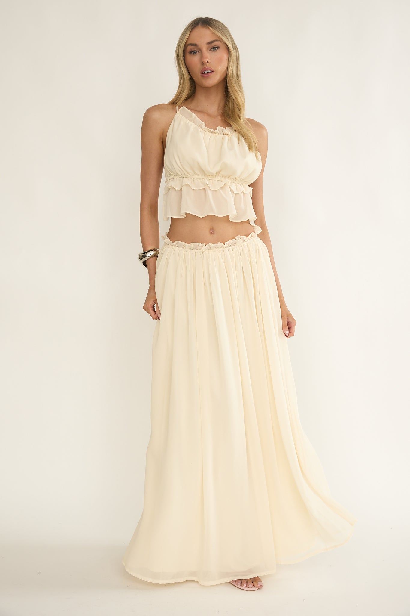 Marivelle Frill Trim Maxi Skirt Oyster