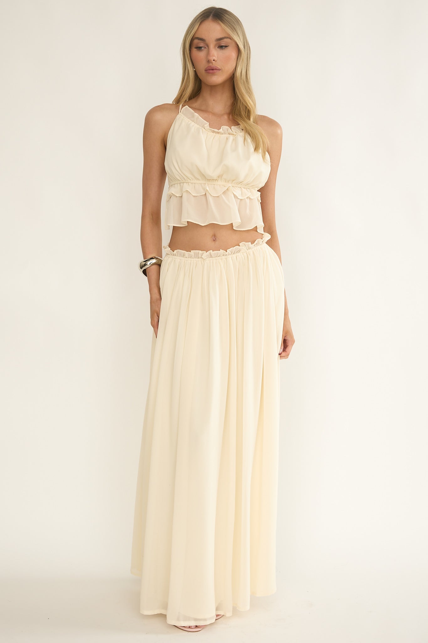 Marivelle Frill Trim Maxi Skirt Oyster