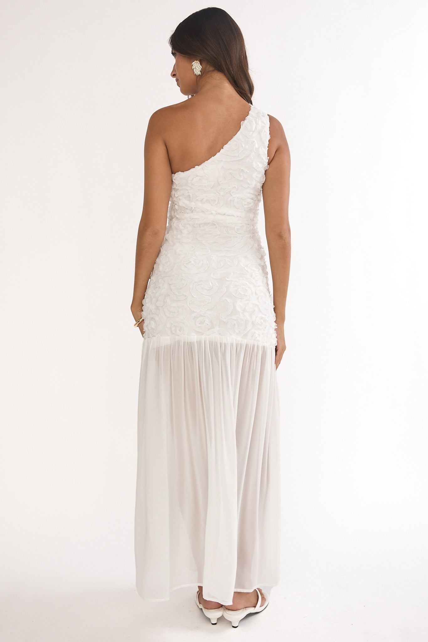 Angel Eye One Shoulder Maxi Dress Embellished White