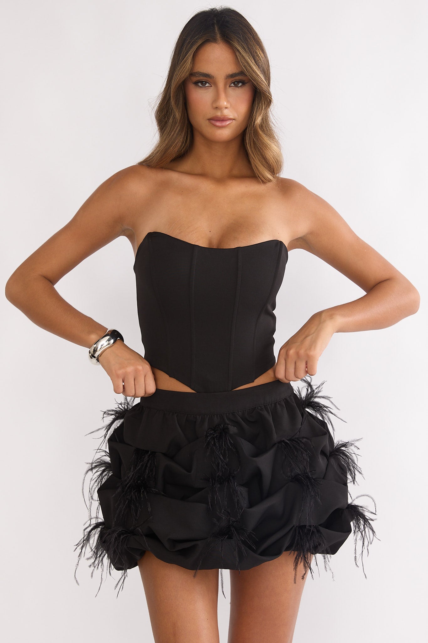 Alyra Feather Puff Mini Skirt Black