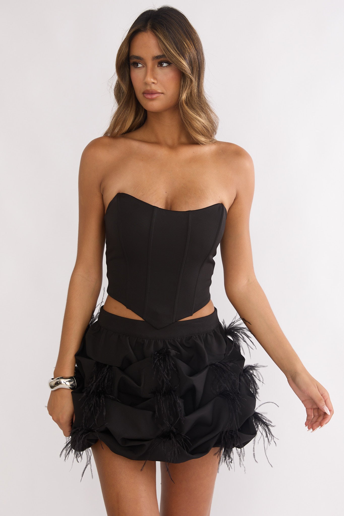 Alyra Feather Puff Mini Skirt Black