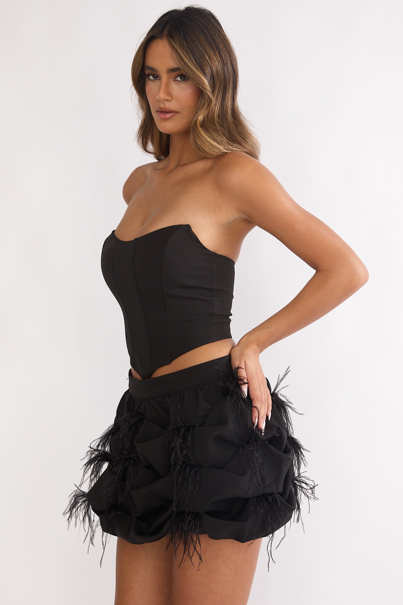 Alyra Feather Puff Mini Skirt Black
