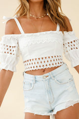 Danella Puff Sleeve Tied Shoulder Crop Top White