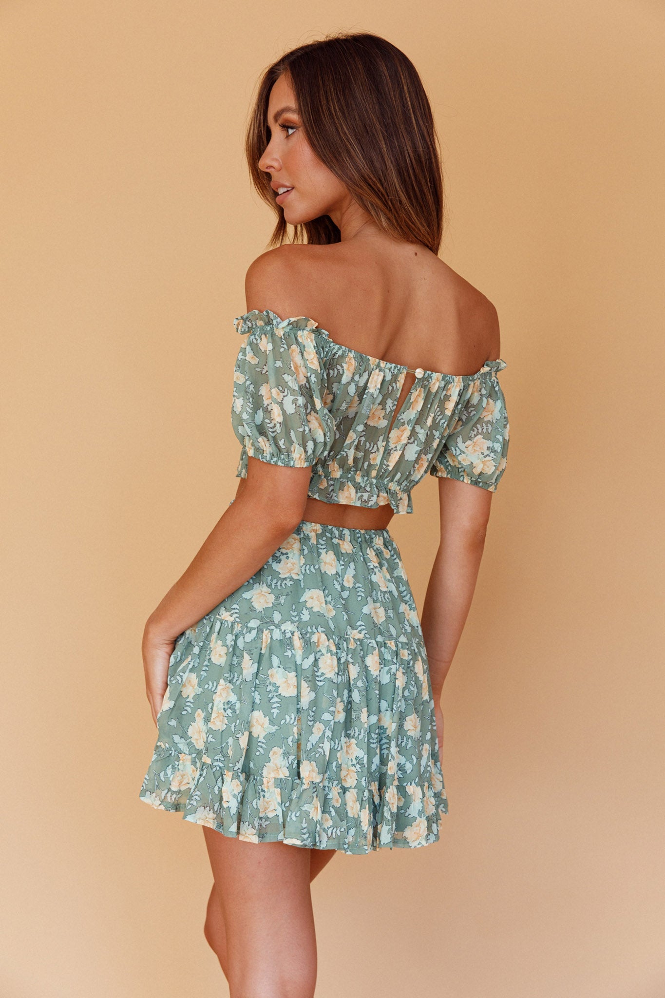 Archana Puff Sleeve Crop Top Floral Green