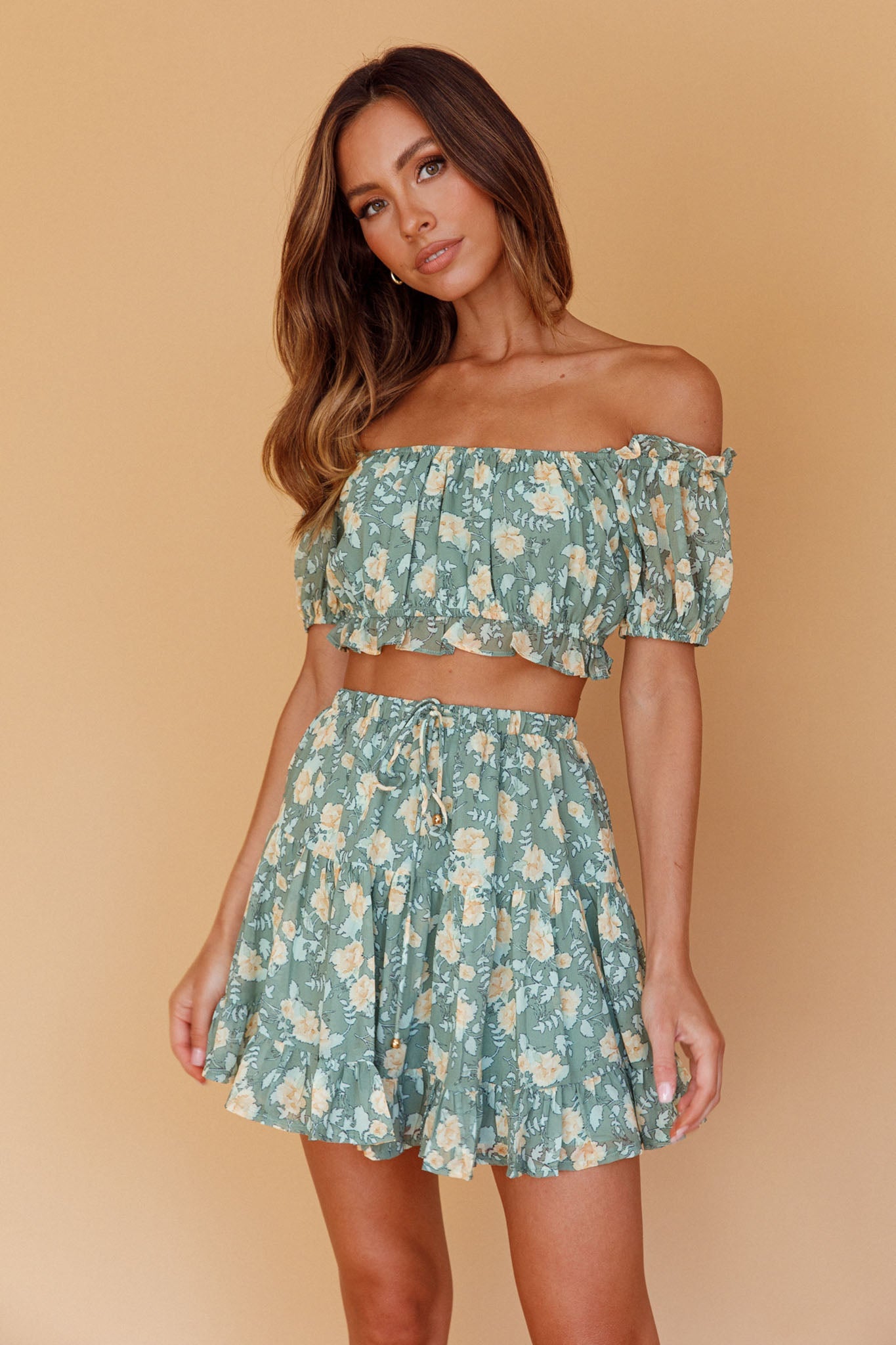 Archana Puff Sleeve Crop Top Floral Green