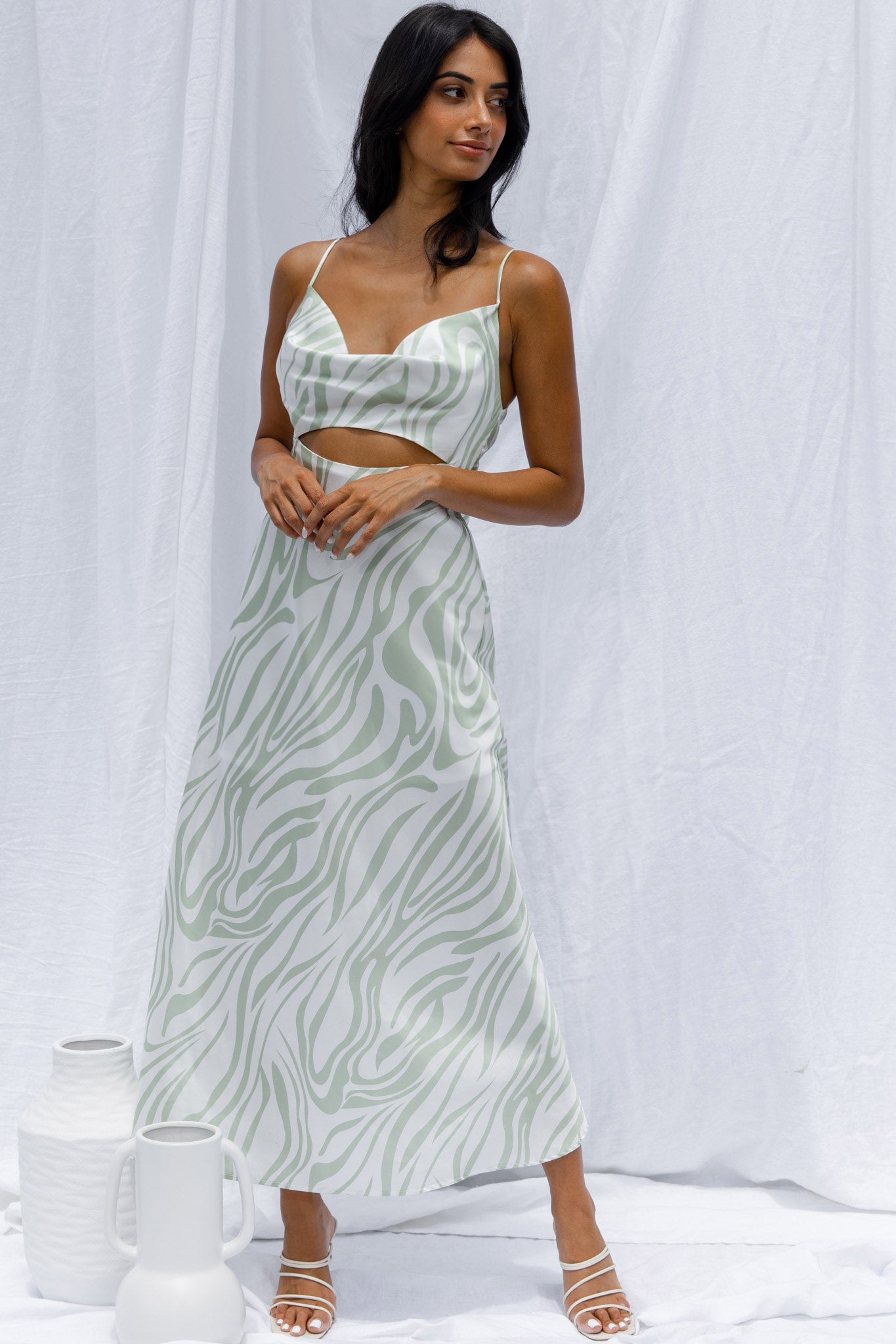 Jasper Cowl Neck Cut-Out Drawstring Back Midi Dress Zebra Print Lime