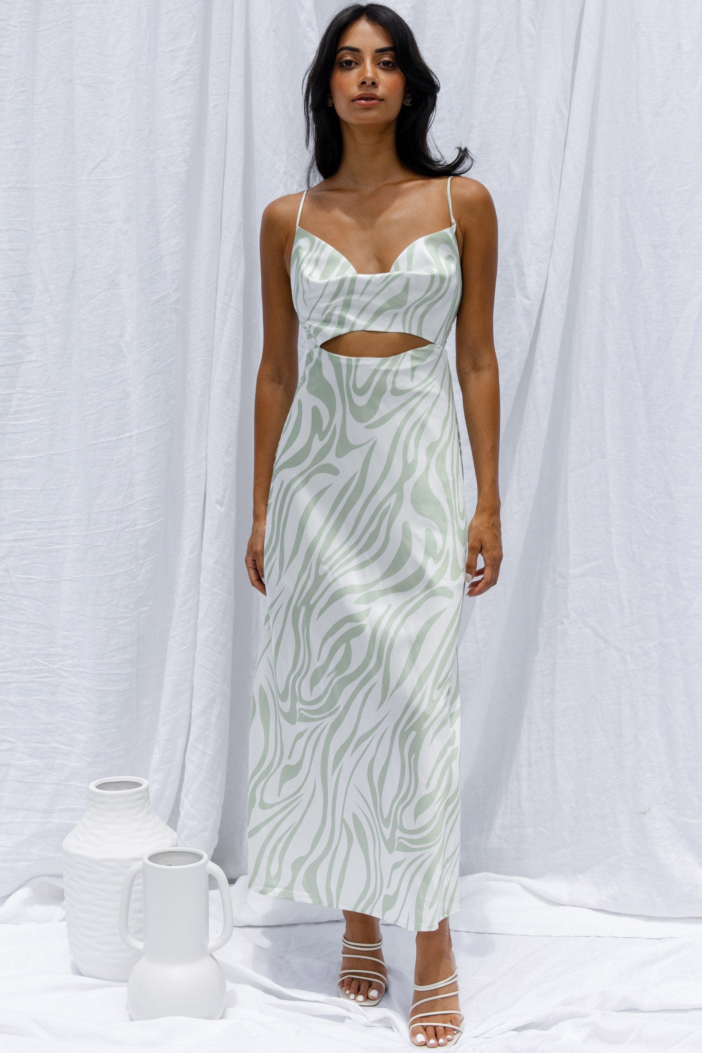 Jasper Cowl Neck Cut-Out Drawstring Back Midi Dress Zebra Print Lime