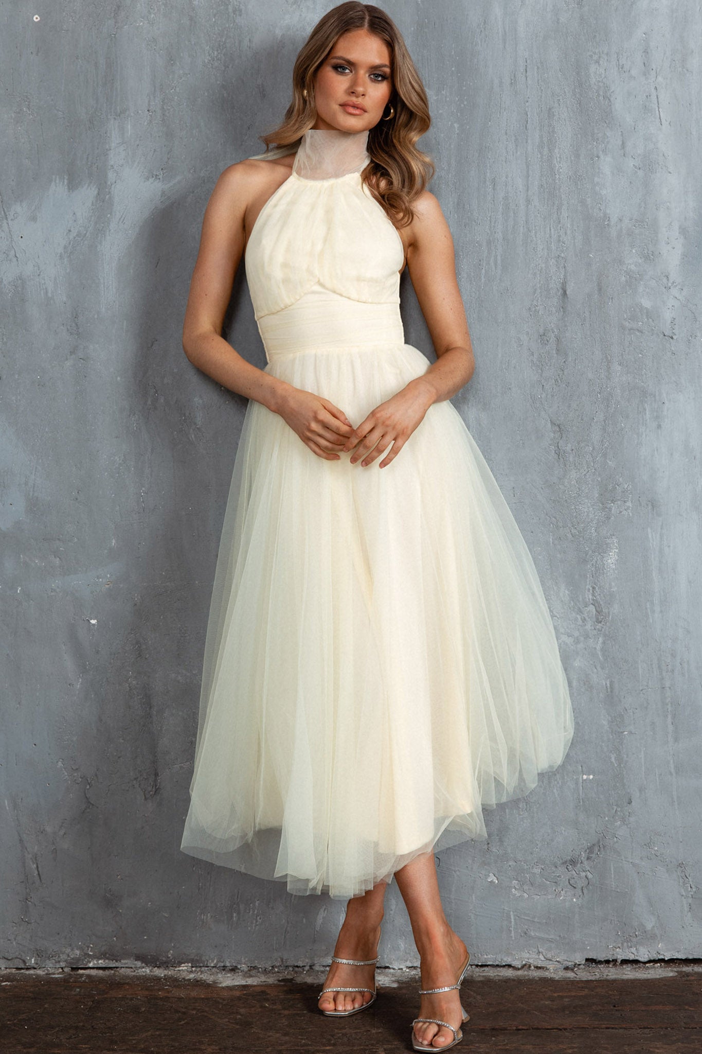Andria Halterneck Tulle Midi Dress Butter