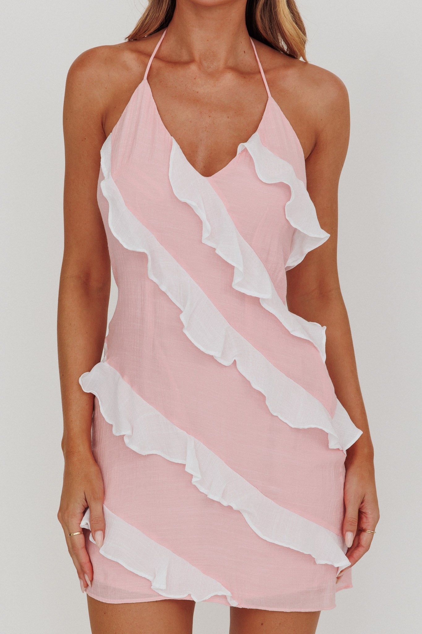 Arrabel Halterneck Contrast Ruffle Mini Dress Pink