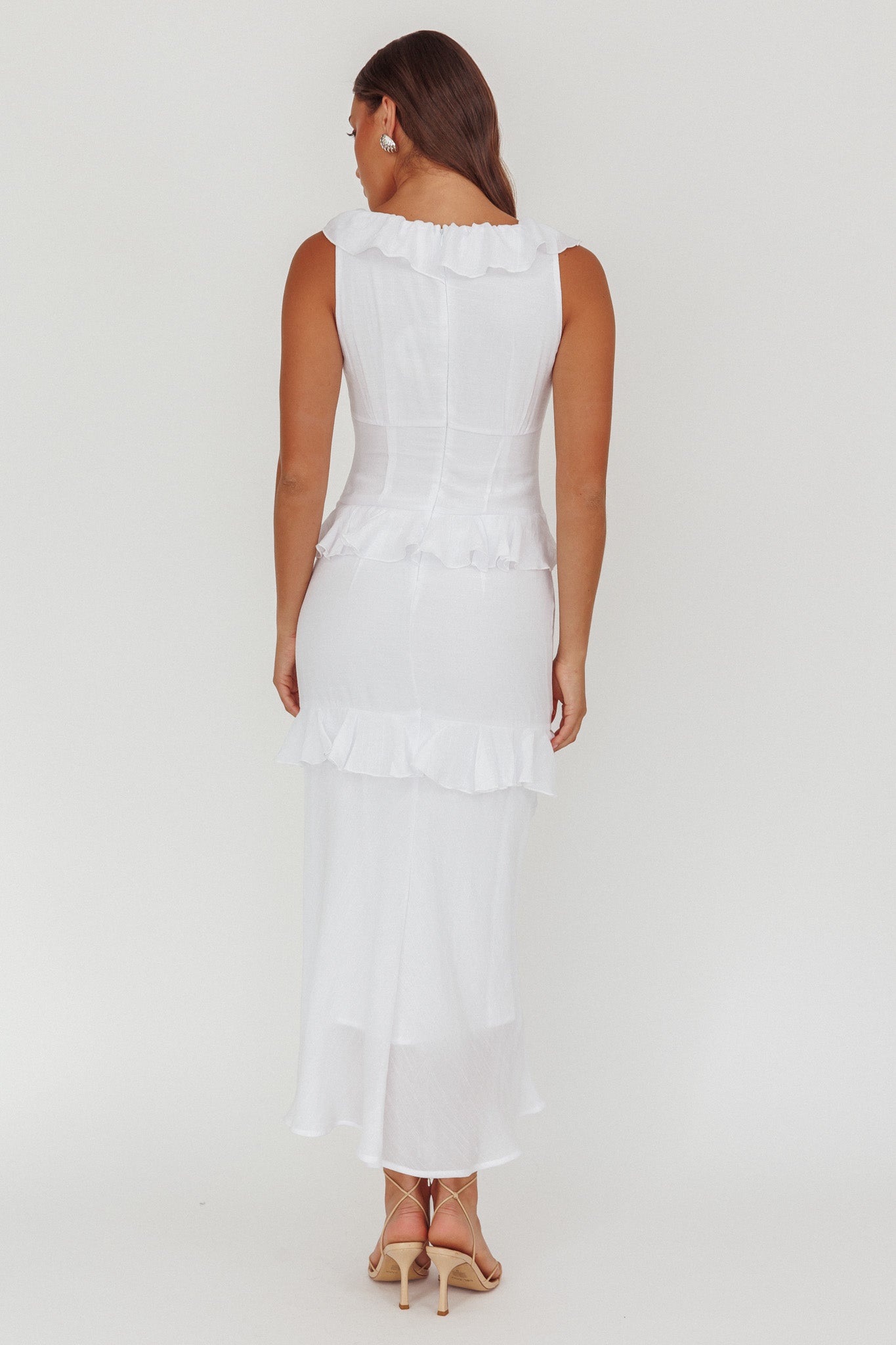 Arrabel Ruffle Trim Bust Tie Maxi Dress White