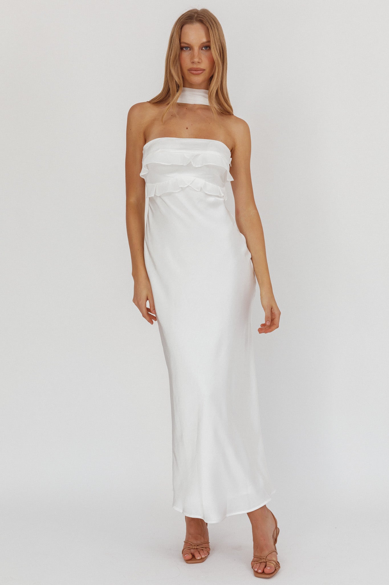Damsel Reverse Halter Frill Trim Maxi Dress White