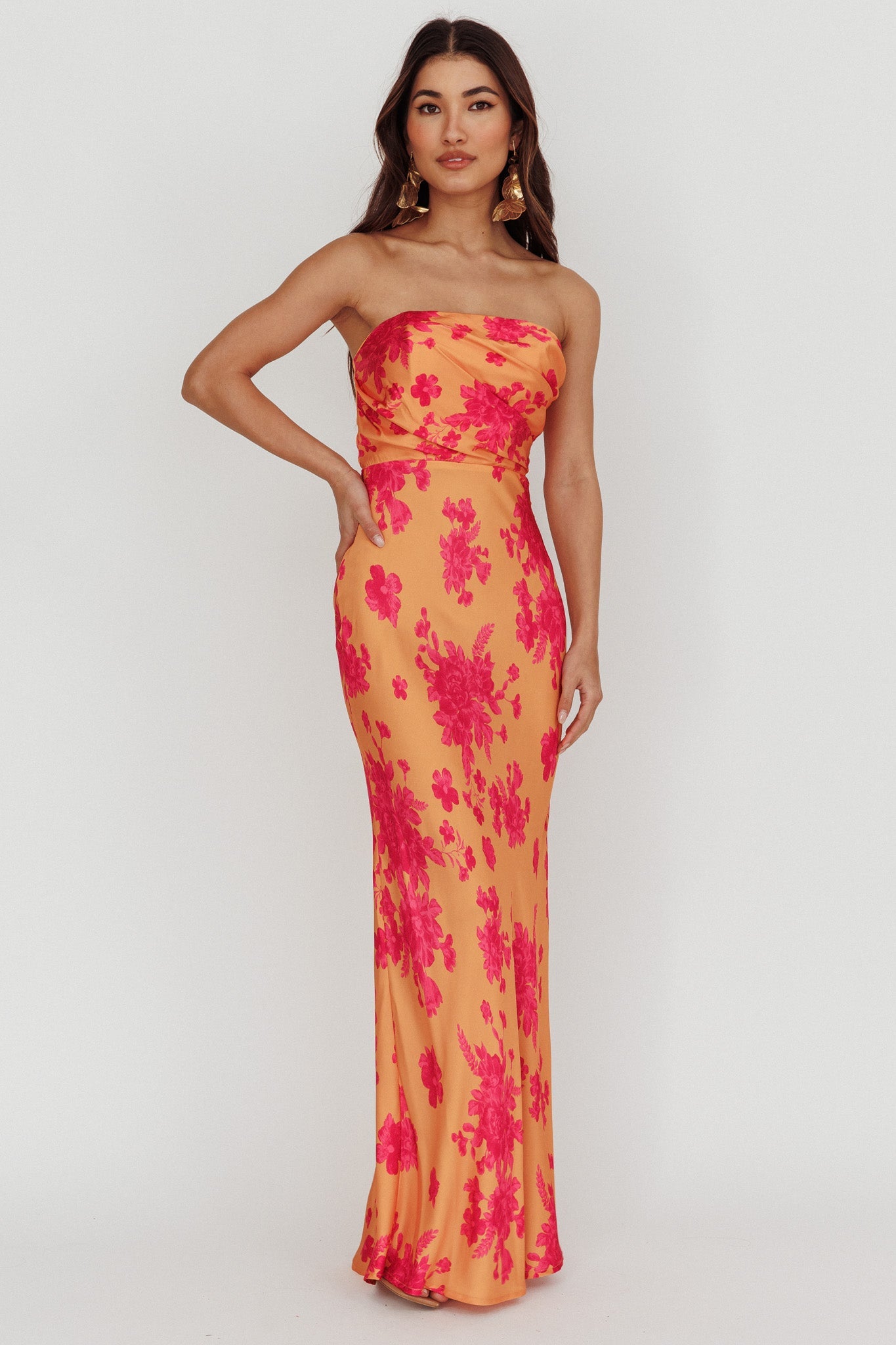 City Of Stars Strapless Maxi Dress Floral Orange
