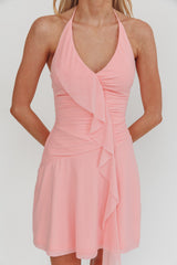 Belize Nights Ruffle Trim Halter Neckline Mini Dress Pink
