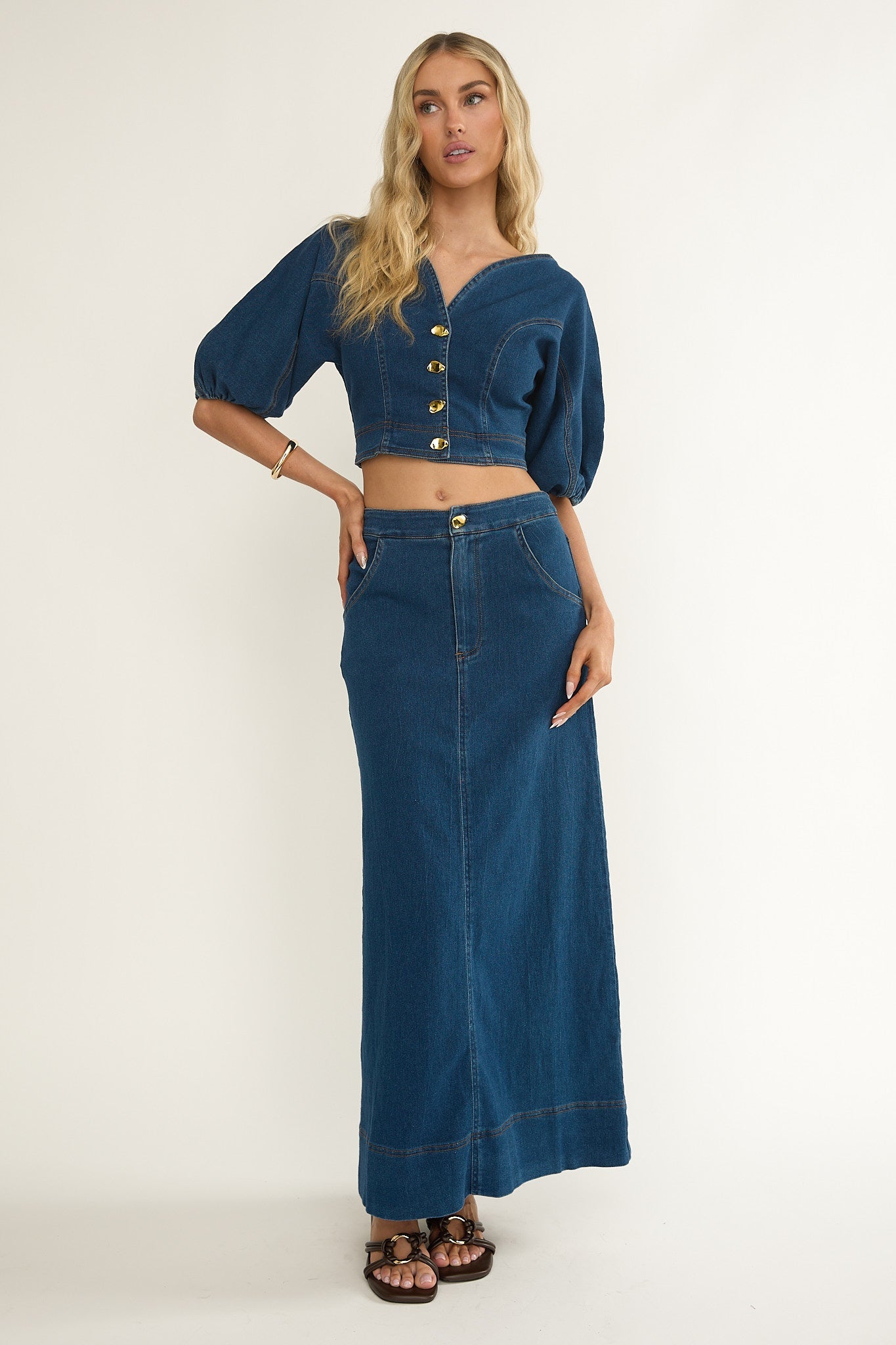 Kaelis Bubble Sleeve Button Top Denim