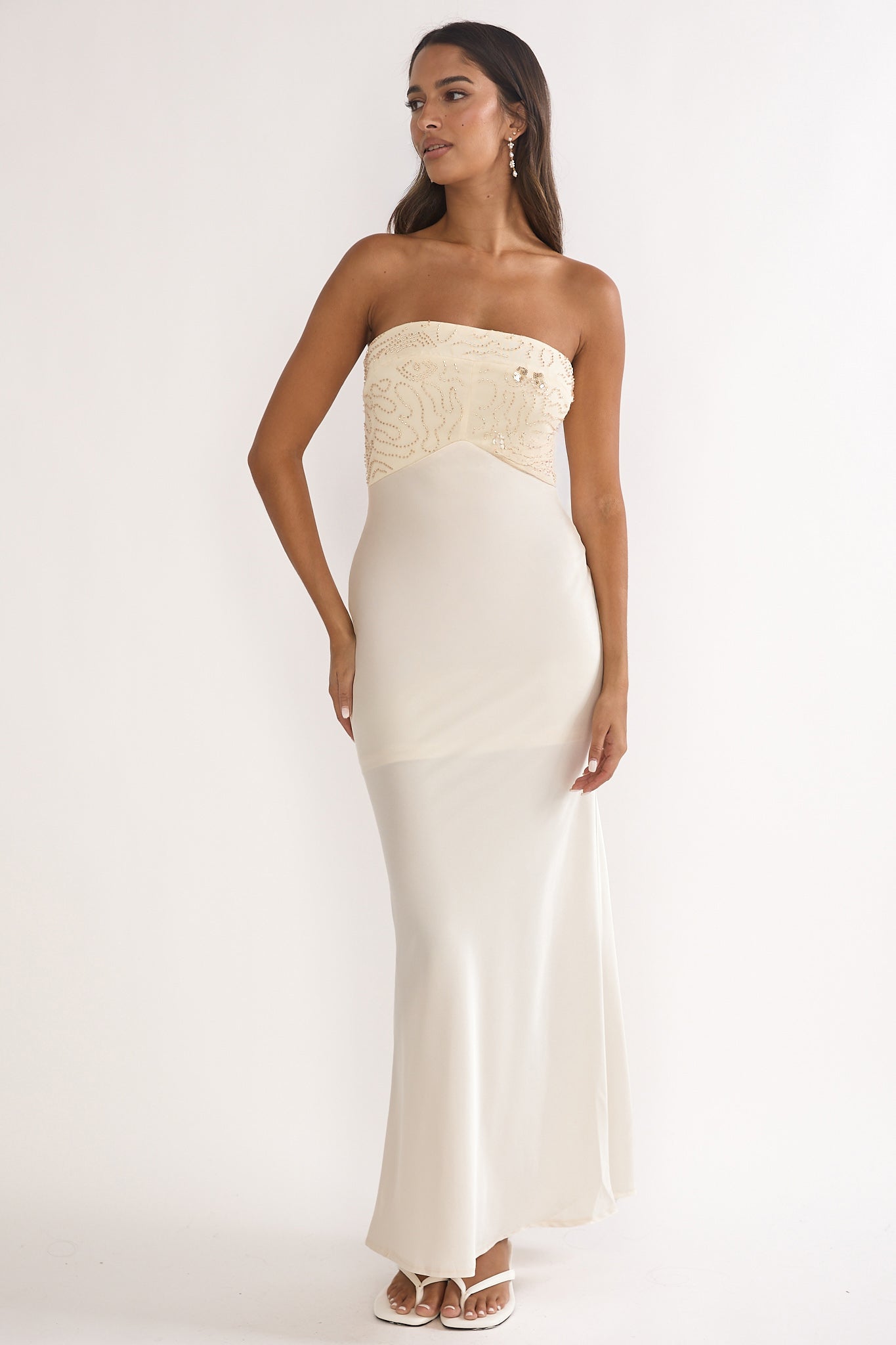 At Dusk Beaded Bust Strapless Maxi Dress Oyster