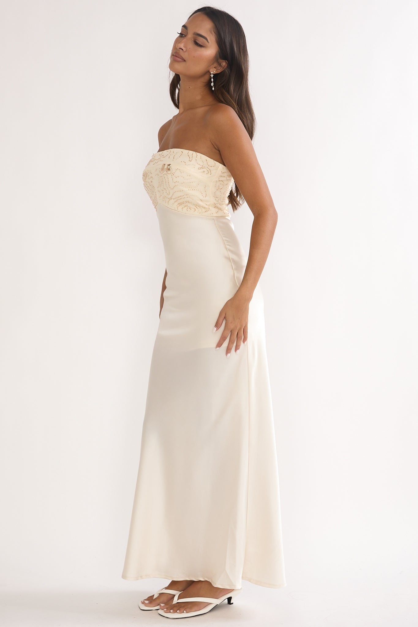 At Dusk Beaded Bust Strapless Maxi Dress Oyster