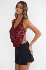 Marquess Backless Halter Top Sequin Cherry