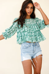Float On By Layered Ruffle Crop Top Leaf Print Green