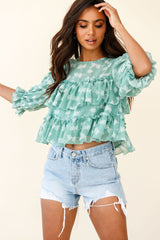 Float On By Layered Ruffle Crop Top Leaf Print Green