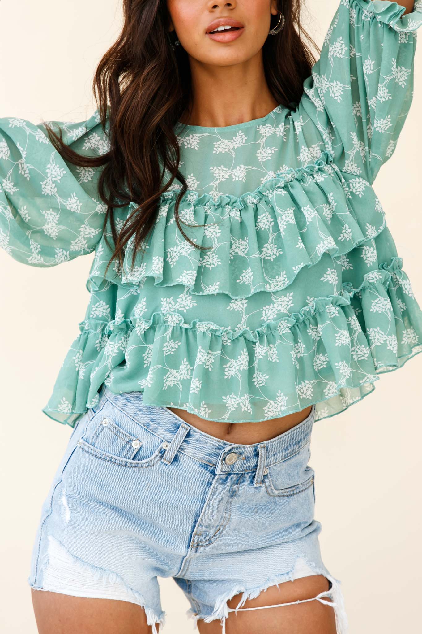 Float On By Layered Ruffle Crop Top Leaf Print Green