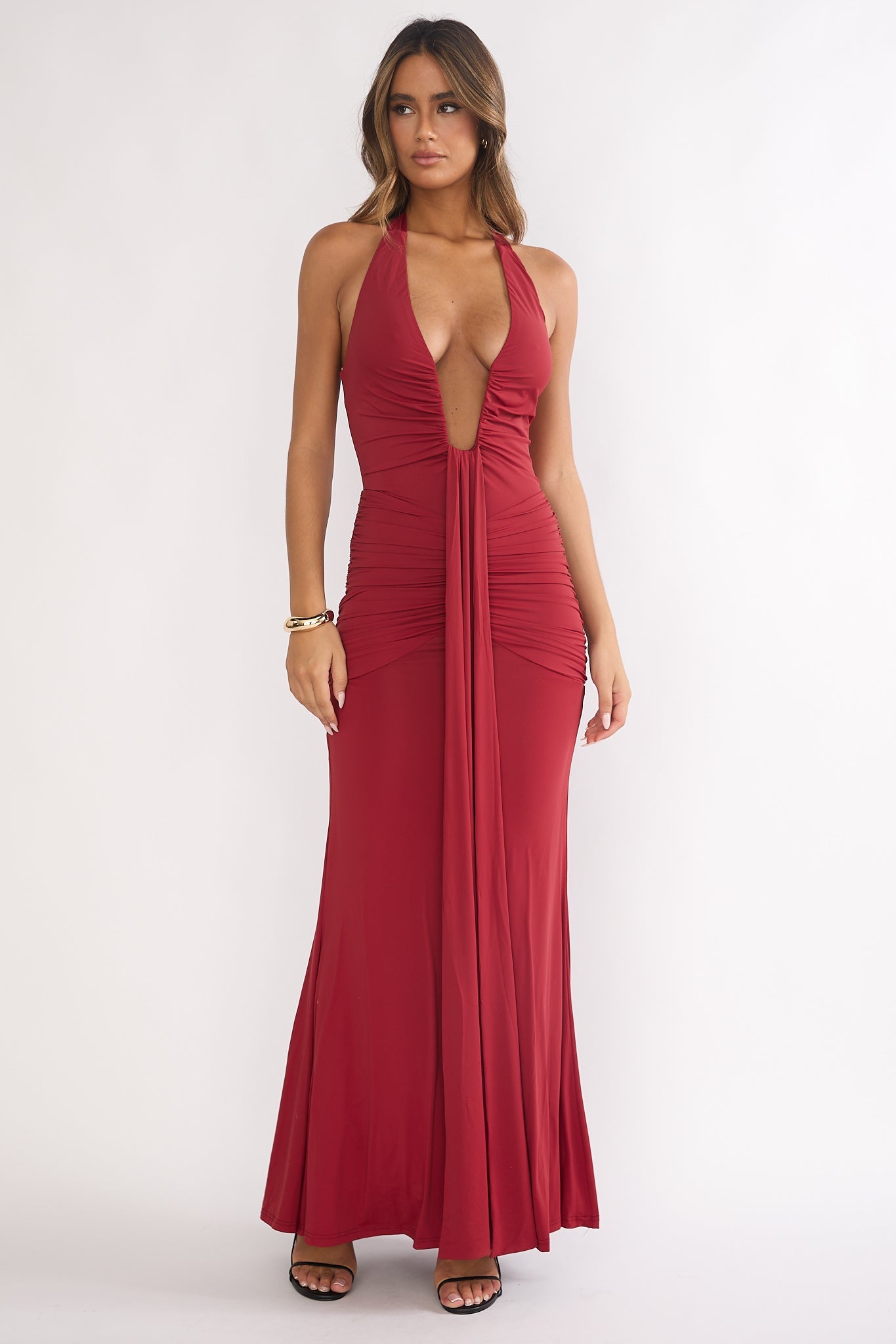 Brienna Halter Ruched Maxi Dress Wine