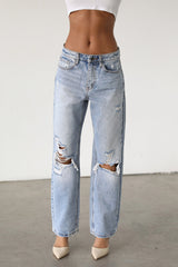 DOGMA High Rise Straight Leg Denim Jeans Distressed Light Wash