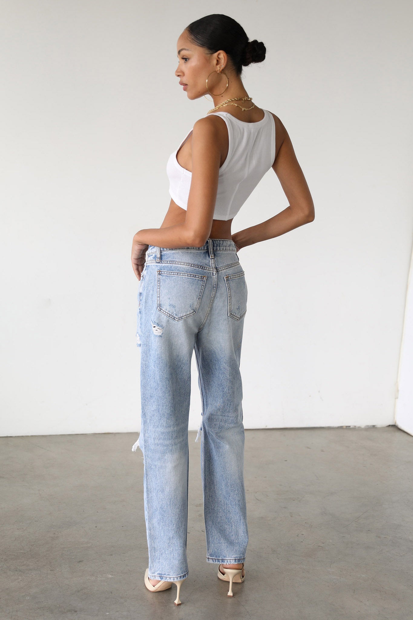 DOGMA High Rise Straight Leg Denim Jeans Distressed Light Wash