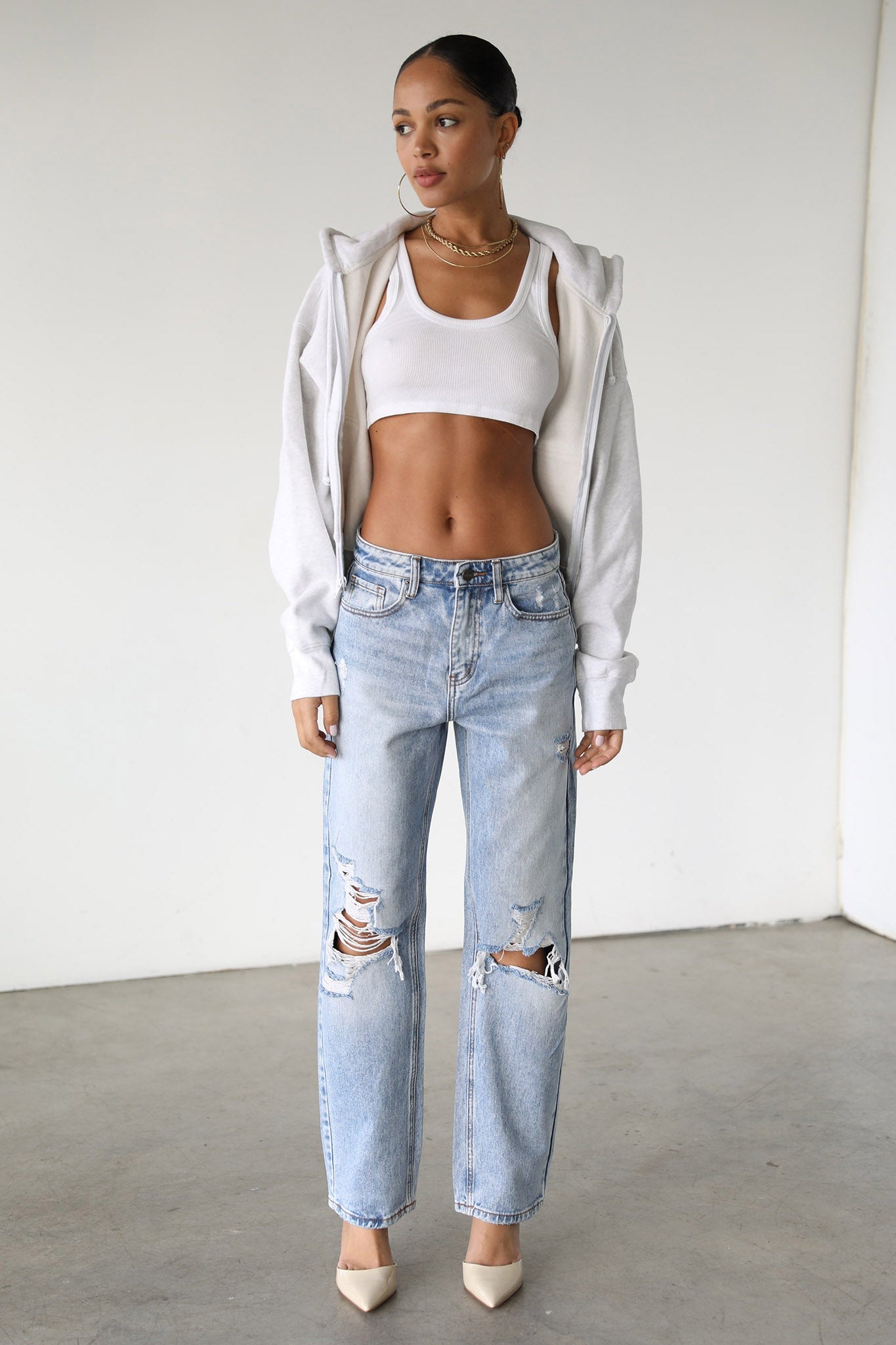 DOGMA High Rise Straight Leg Denim Jeans Distressed Light Wash