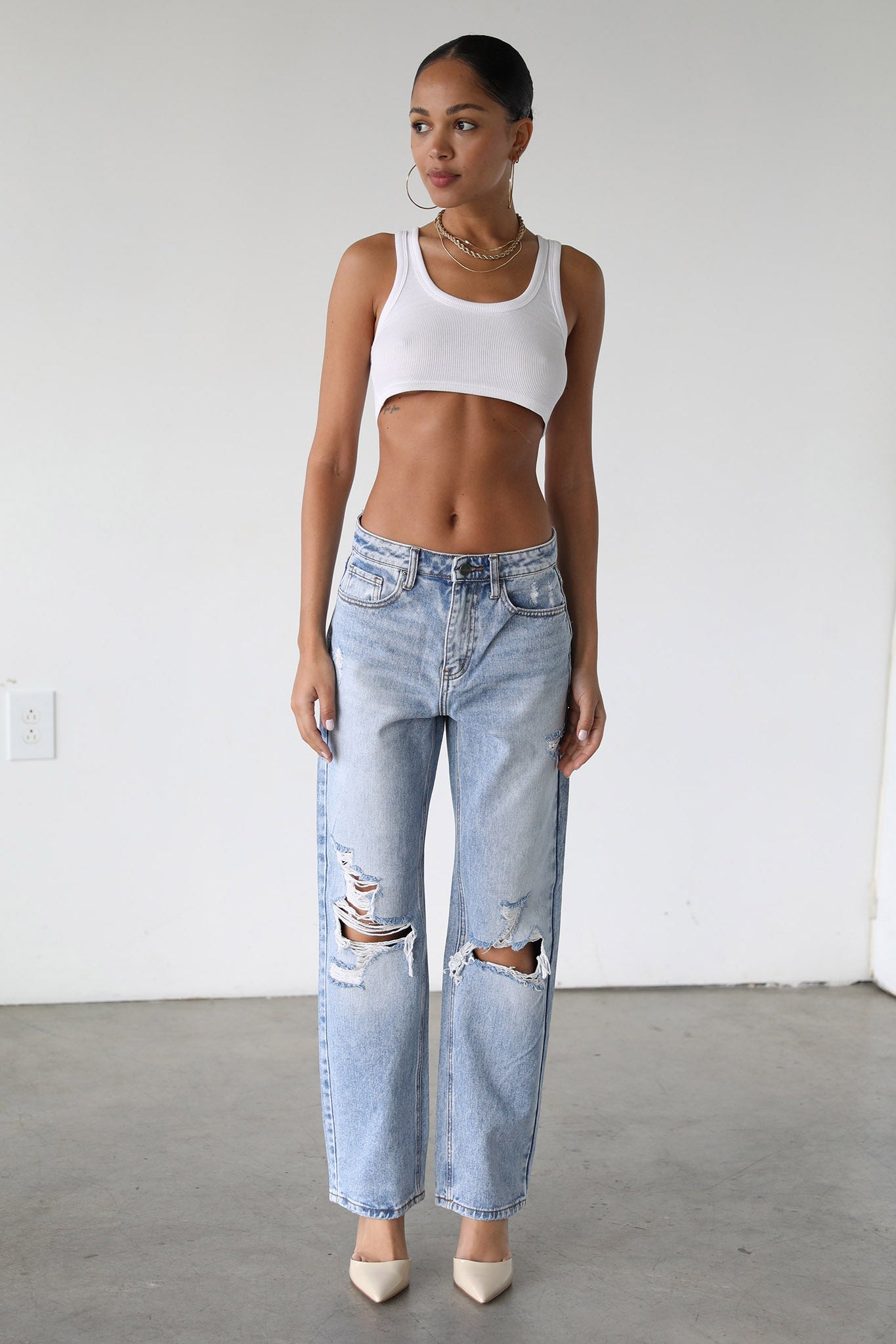 DOGMA High Rise Straight Leg Denim Jeans Distressed Light Wash