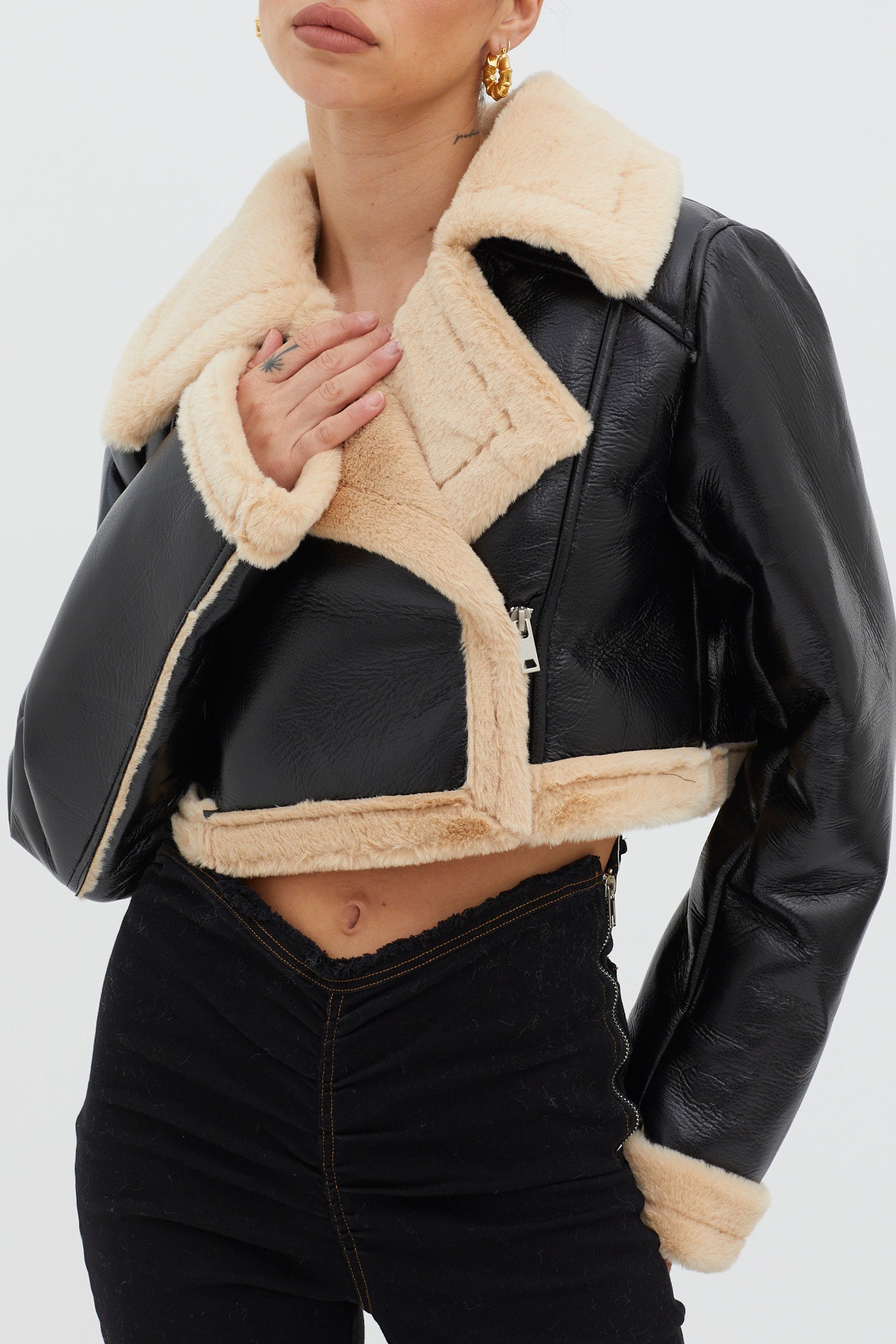 High Altitude Faux Fur Biker Jacket Black/Taupe
