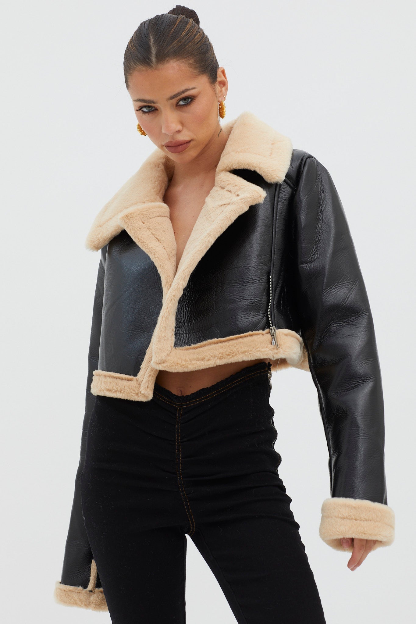 High Altitude Faux Fur Biker Jacket Black/Taupe