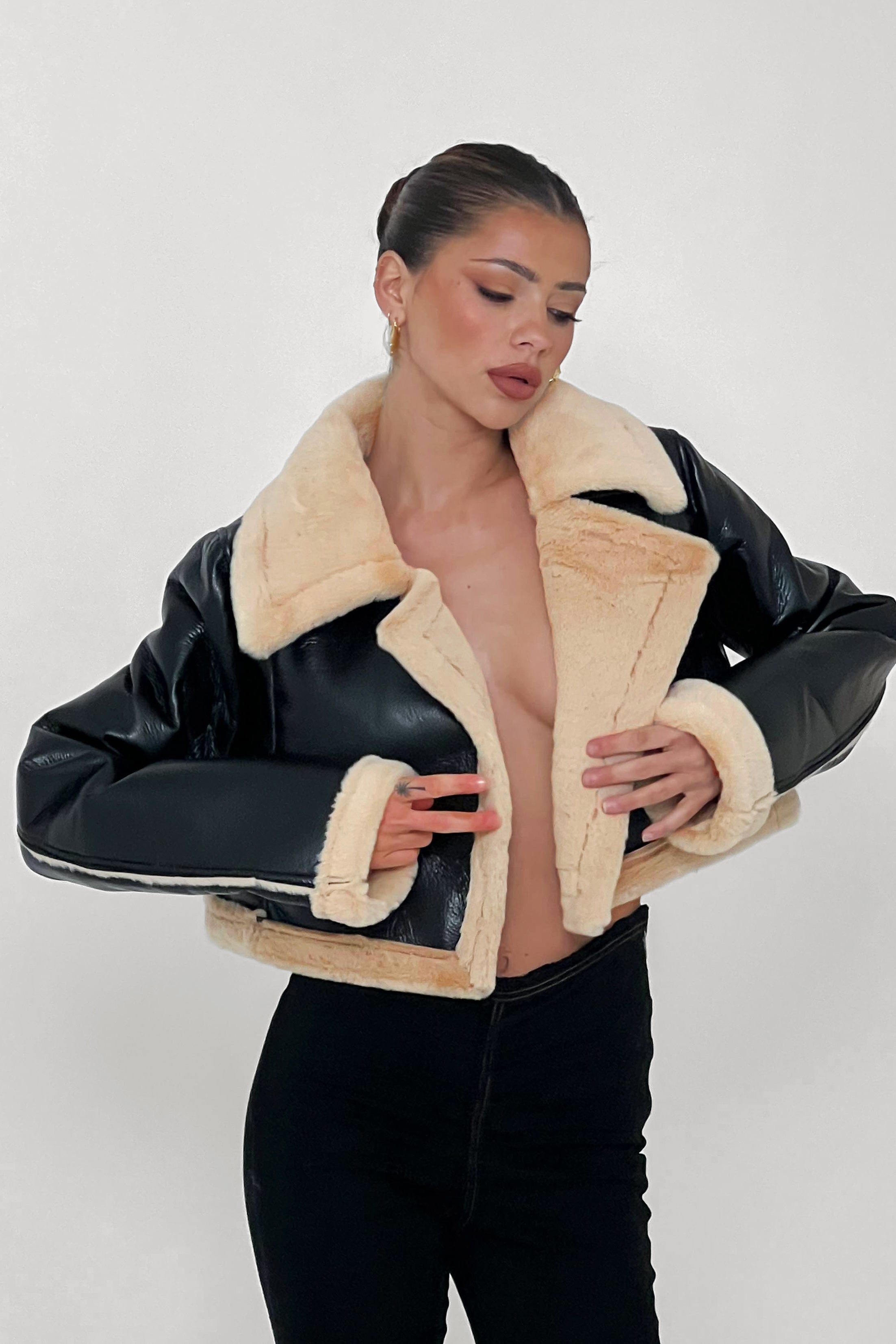 High Altitude Faux Fur Biker Jacket Black/Taupe