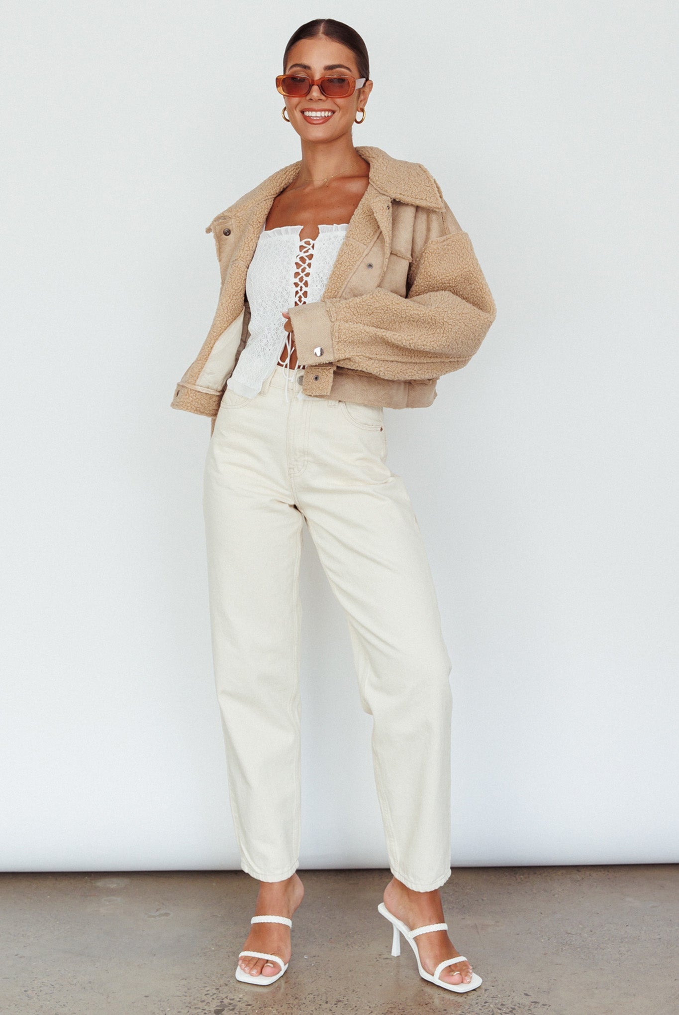 Kya Button Front Shearling Jacket Khaki