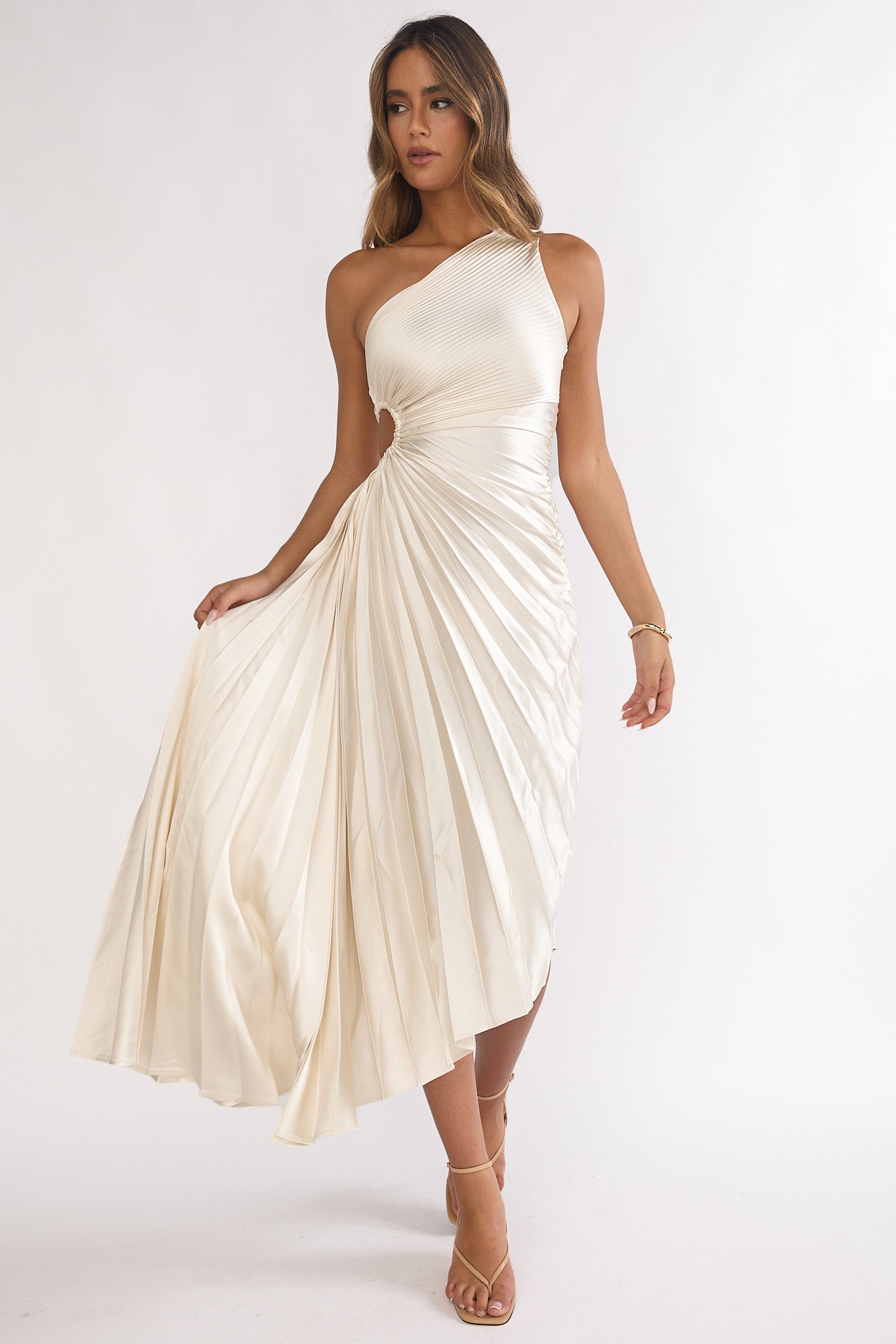 Brooklynn One-Shoulder Accordion Pleat Dress Champagne