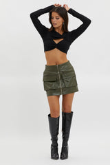 Foxy Twist Long Sleeve Crop Top Black