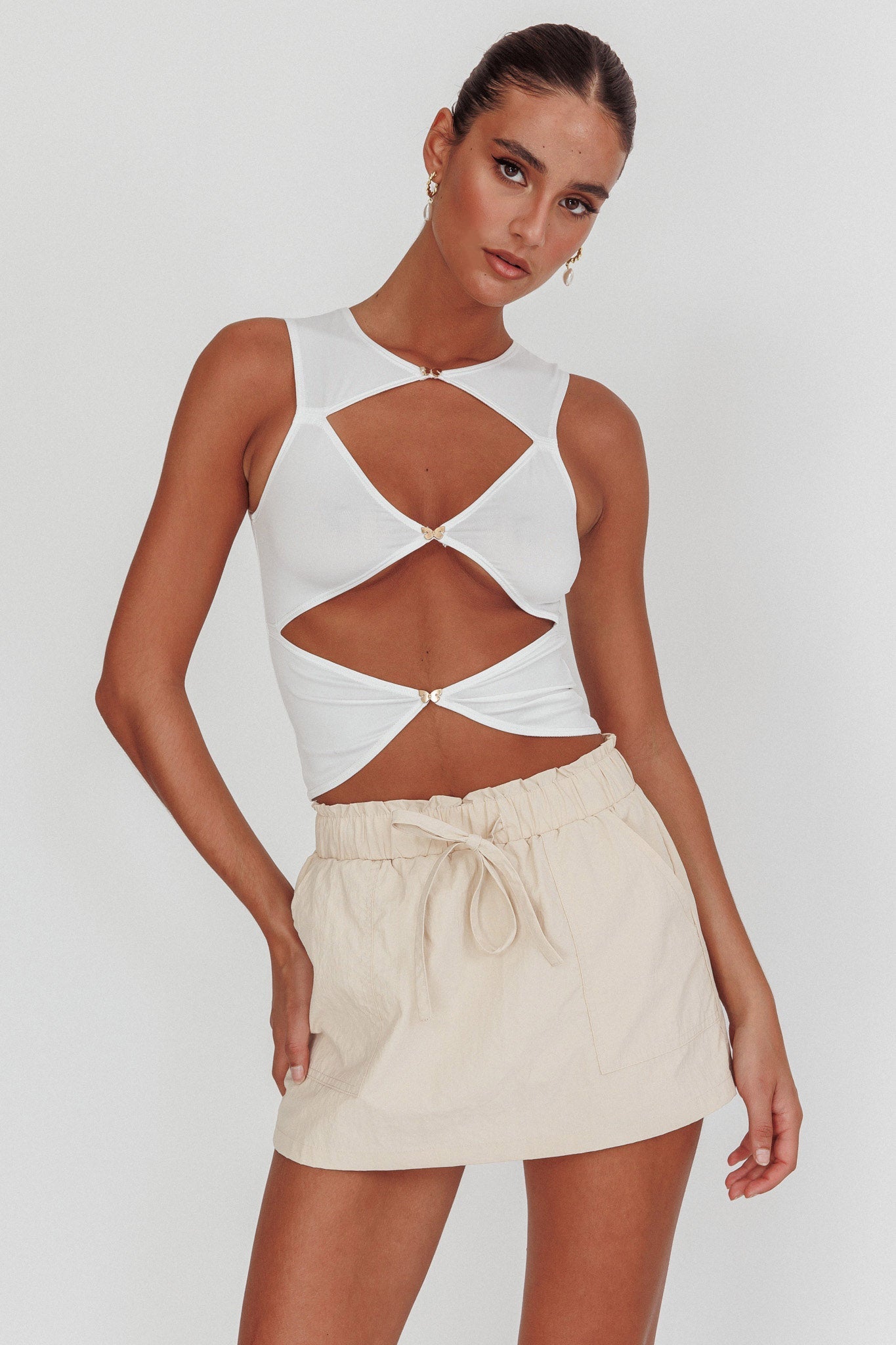 Argyle Cut-Out Sleeveless Top White