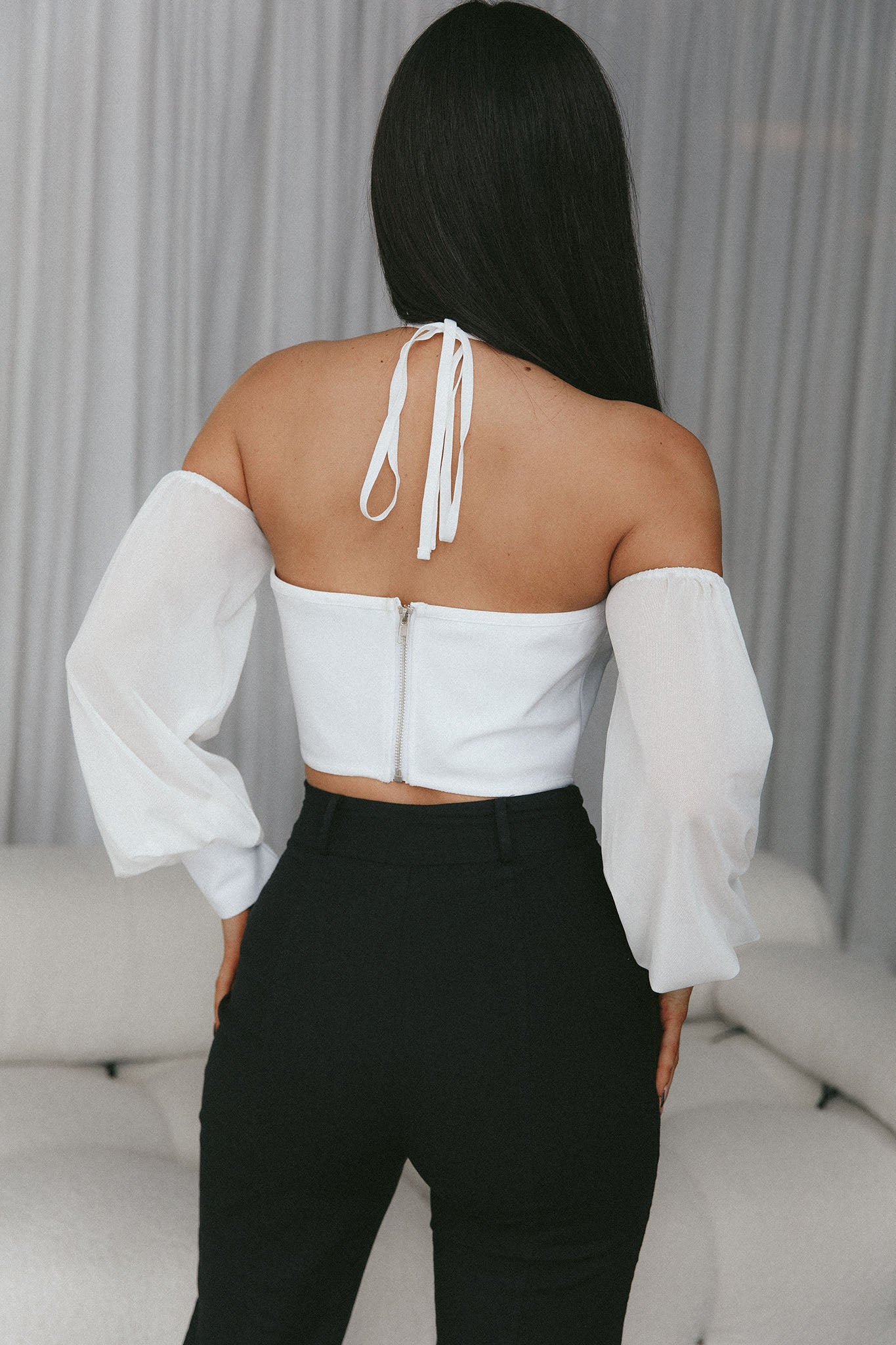 Adonica Halterneck Lantern Sleeve Top White