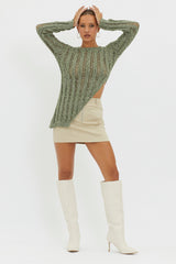 Evergreen Asymmetrical Hem Ribbed Knit Top Olive