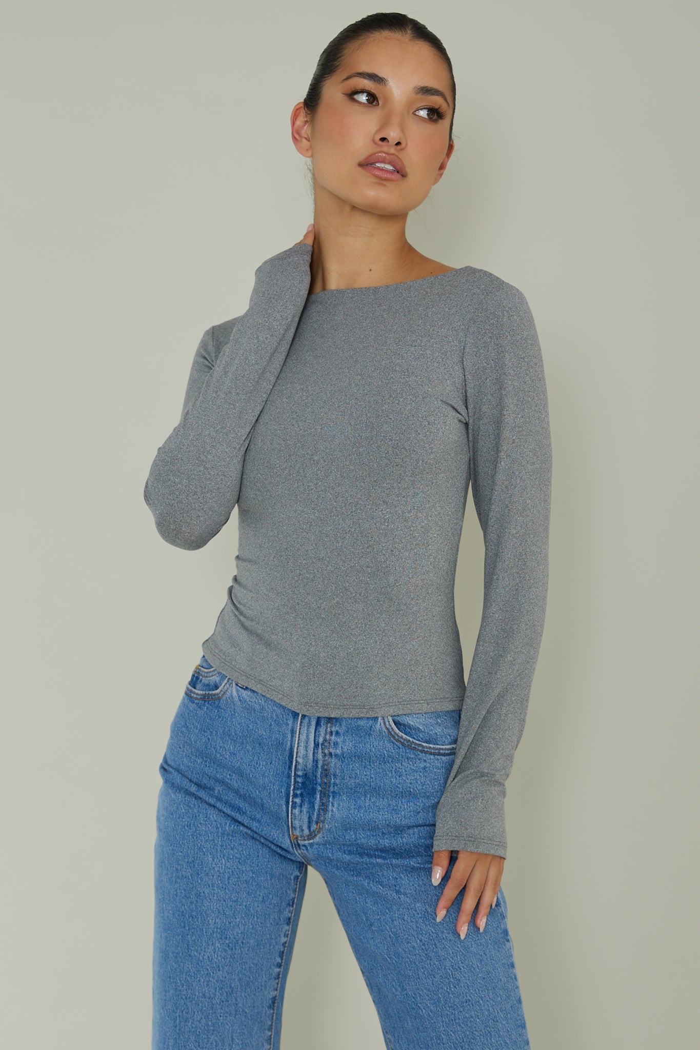 Cheers Boat Neck Long Sleeve Top Grey